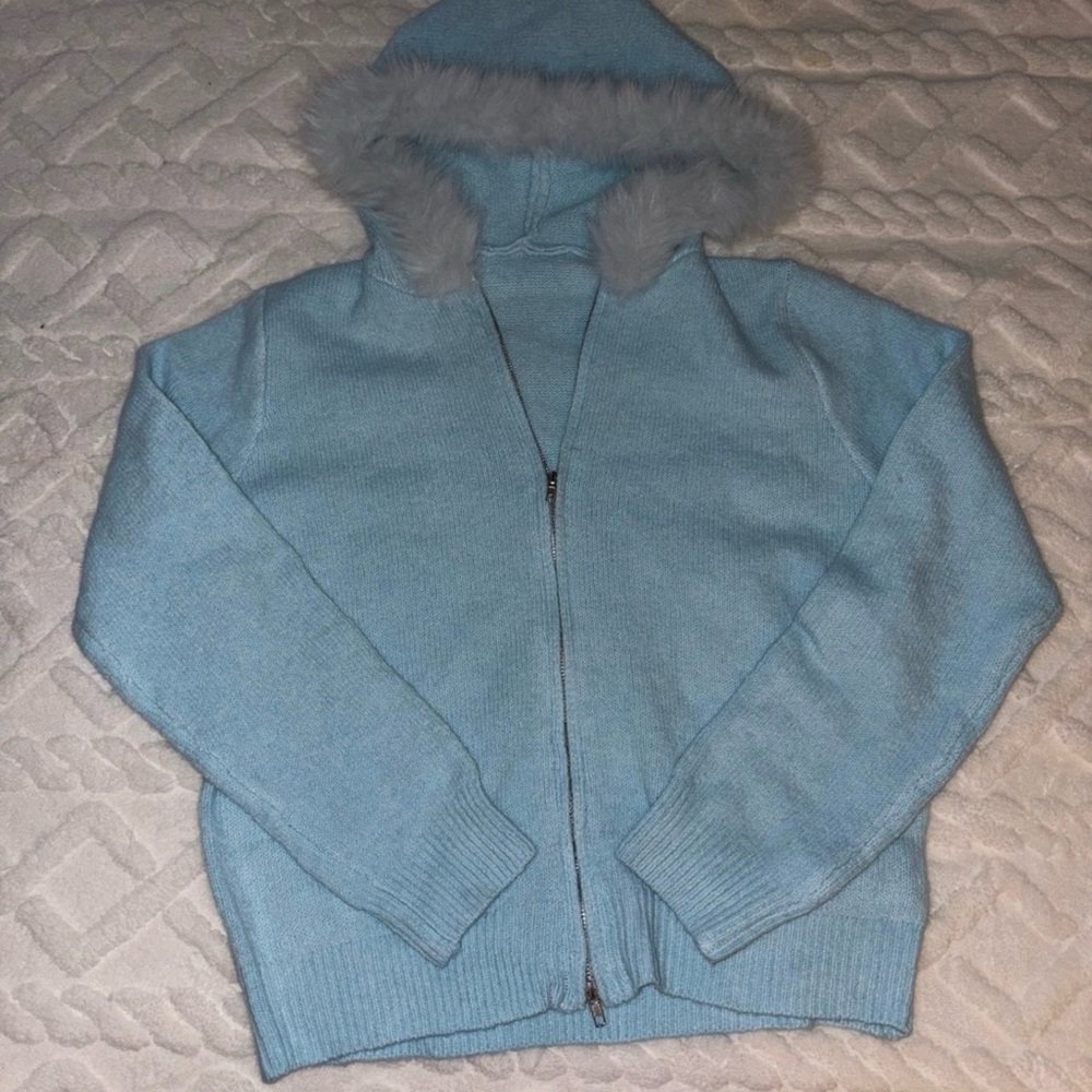 Light Blue Hooded Zip Cardigan with Faux Fur Trim Brand New